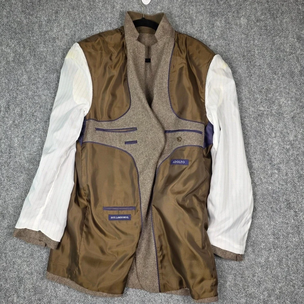 Adolfo Blazer Mens 44L Brown Herringbone Tweed Lambswool Sport Coat‎ Classic Vtg